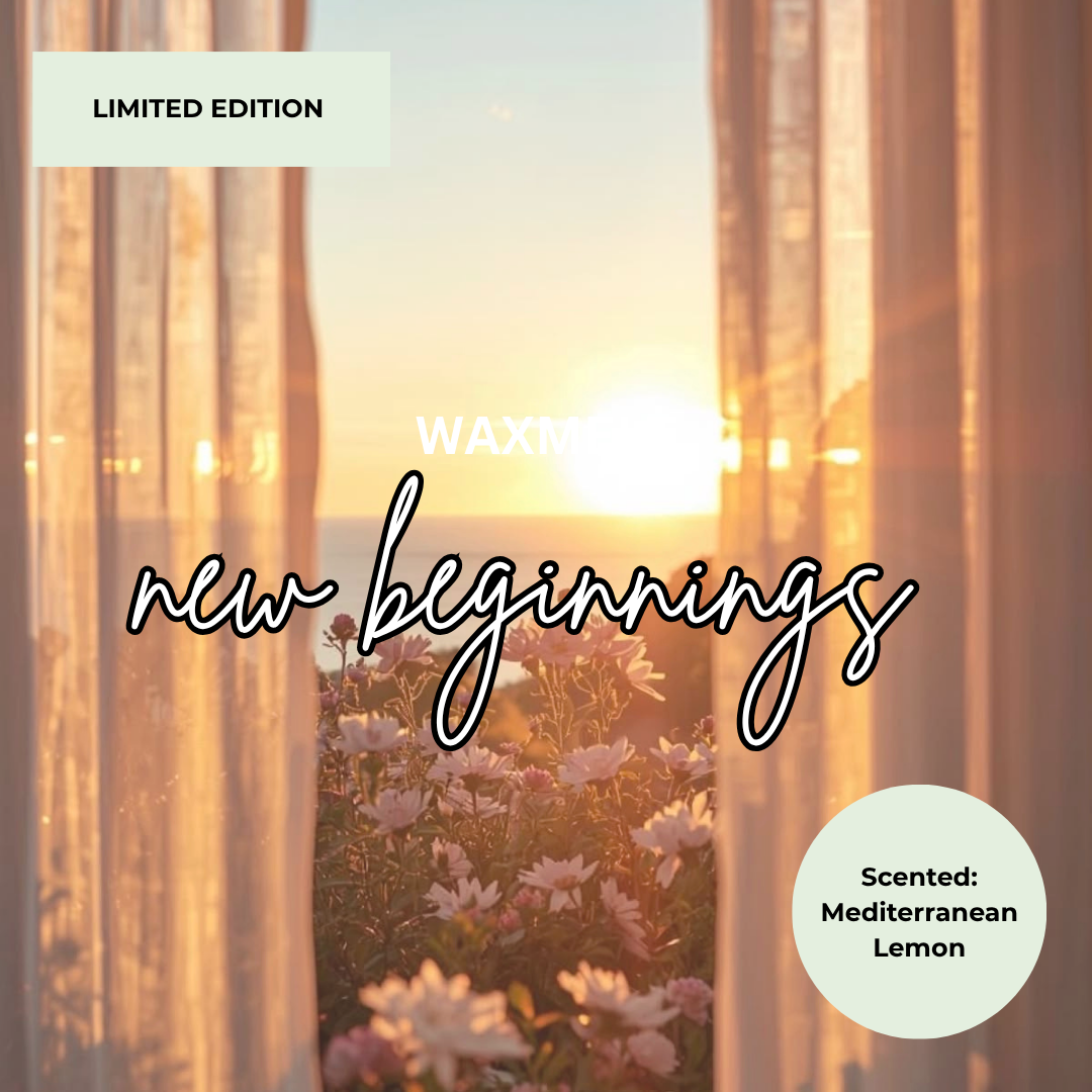 A square product graphic for a limited edition wax melt or candle labeled 'new beginnings' with scent note 'Scented: Mediterranean Lemon.' The design shows a warm sunset scene framed by sheer curtains, with flowers in the foreground and text overlays including 'LIMITED EDITION' and a circular scent badge.