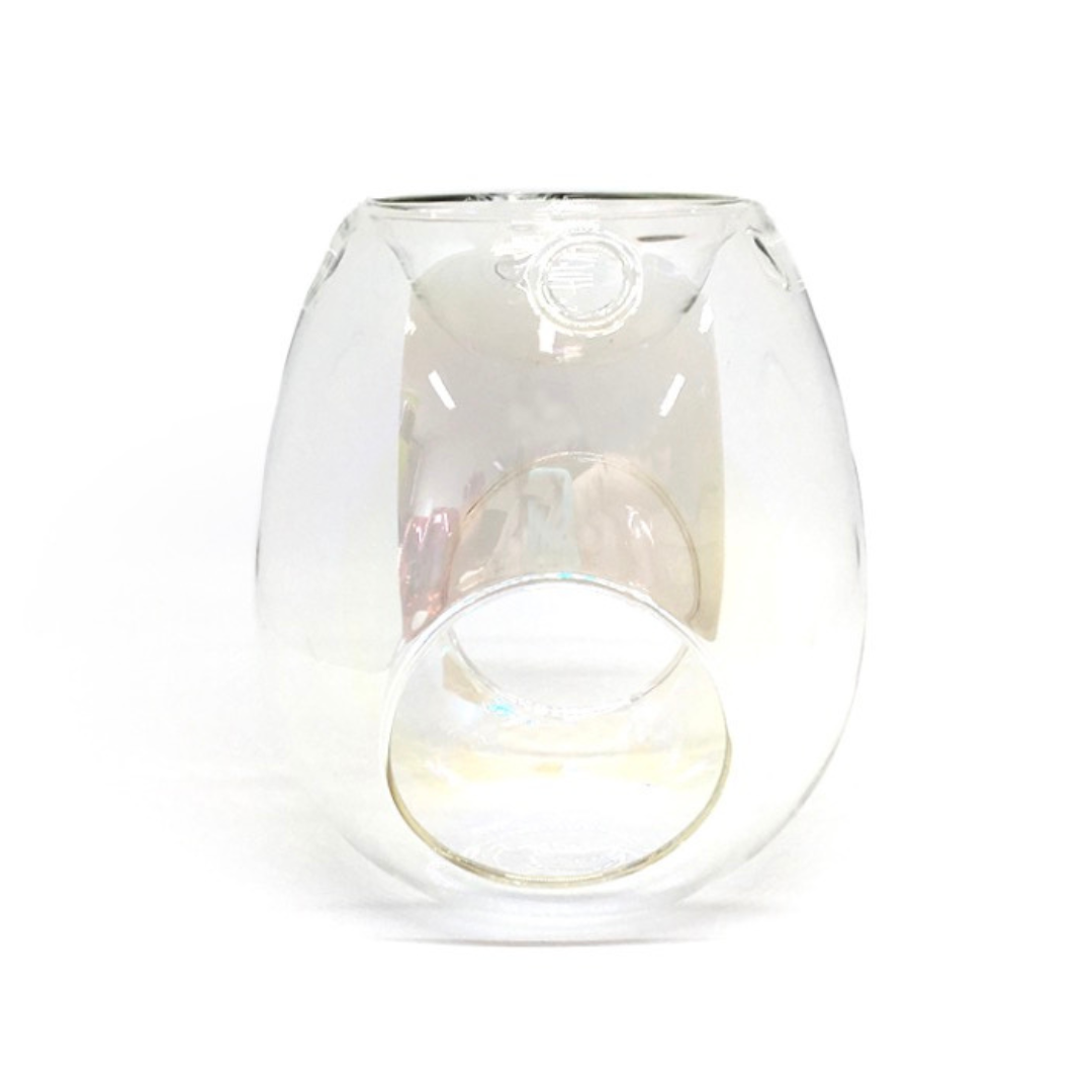 A clear glass double-walled mug or candle holder with a rounded, stemless shape and a circular cutout at the bottom, shown on a white background.