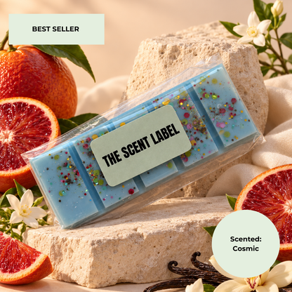 A packaged blue wax melt bar with multicolor glitter and confetti, labeled 'THE SCENT LABEL,' styled on stone with blood oranges, white flowers, and vanilla beans. Text badges read 'BEST SELLER' and 'Scented: Cosmic.