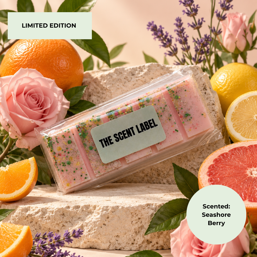 A packaged pink scented wax melt or soap bar labeled 'THE SCENT LABEL' rests on stacked stone blocks surrounded by citrus slices, pink roses, lavender, and green leaves. Text badges read 'LIMITED EDITION' and 'Scented: Seashore Berry'.