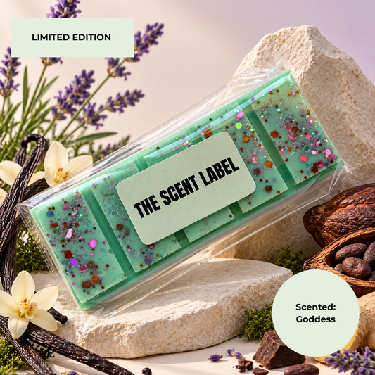 A packaged bar of scented wax melts labeled 'THE SCENT LABEL' in mint green with glitter flecks, styled on stones with lavender, vanilla beans, and cocoa around it. Text reads 'LIMITED EDITION' and 'Scented: Goddess'.