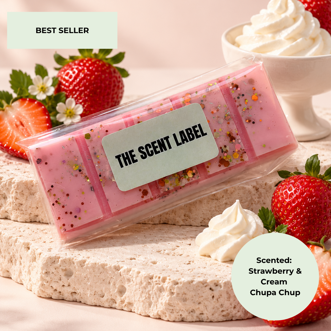 A pink wax melt bar in a clear plastic sleeve with a mint-green label reading 'THE SCENT LABEL', styled on a stone slab with strawberries, cream, and whipped cream. Text overlays include 'BEST SELLER' and 'Scented: Strawberry & Cream Chupa Chup'.