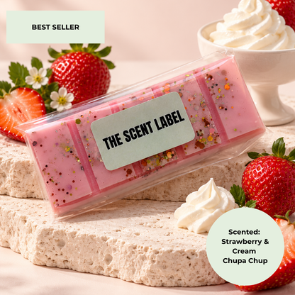 A pink wax melt bar in a clear plastic sleeve with a mint-green label reading 'THE SCENT LABEL', styled on a stone slab with strawberries, cream, and whipped cream. Text overlays include 'BEST SELLER' and 'Scented: Strawberry & Cream Chupa Chup'.
