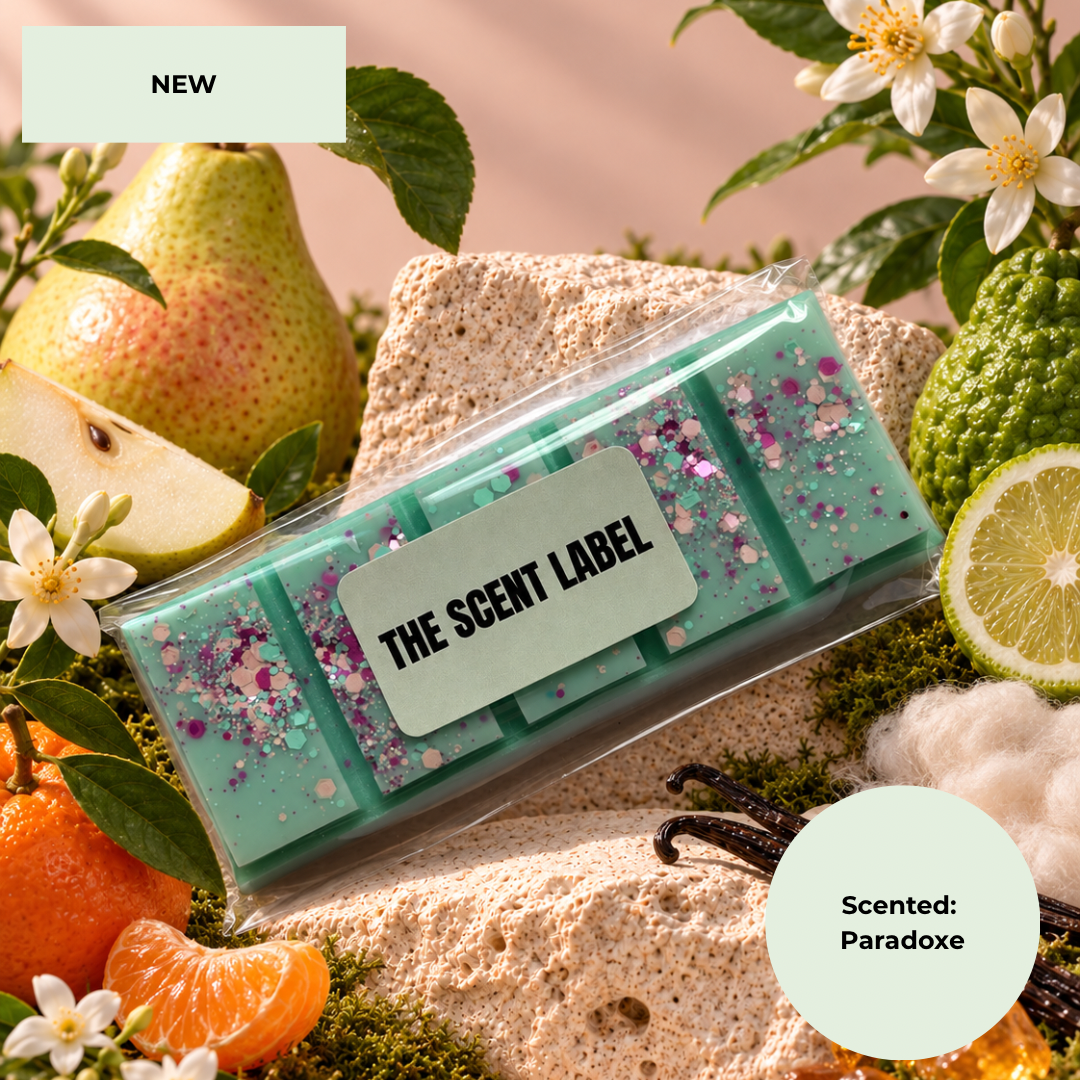 A packaged scented wax melt bar set from The Scent Label, featuring mint green wax cubes with pink and purple glitter flakes. The product is styled in a flat-lay composition with fresh pears, citrus, flowers, and moss on a sandy background, with text overlays reading 'NEW' and 'Scented: Paradoxo'.