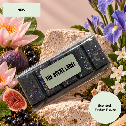 A clear plastic box containing several dark rectangular wax melts with embedded glitter, placed on a rock surrounded by flowers, figs, berries, and moss. The label reads “THE SCENT LABEL,” and a pale circle says “Scented: Father Figure.