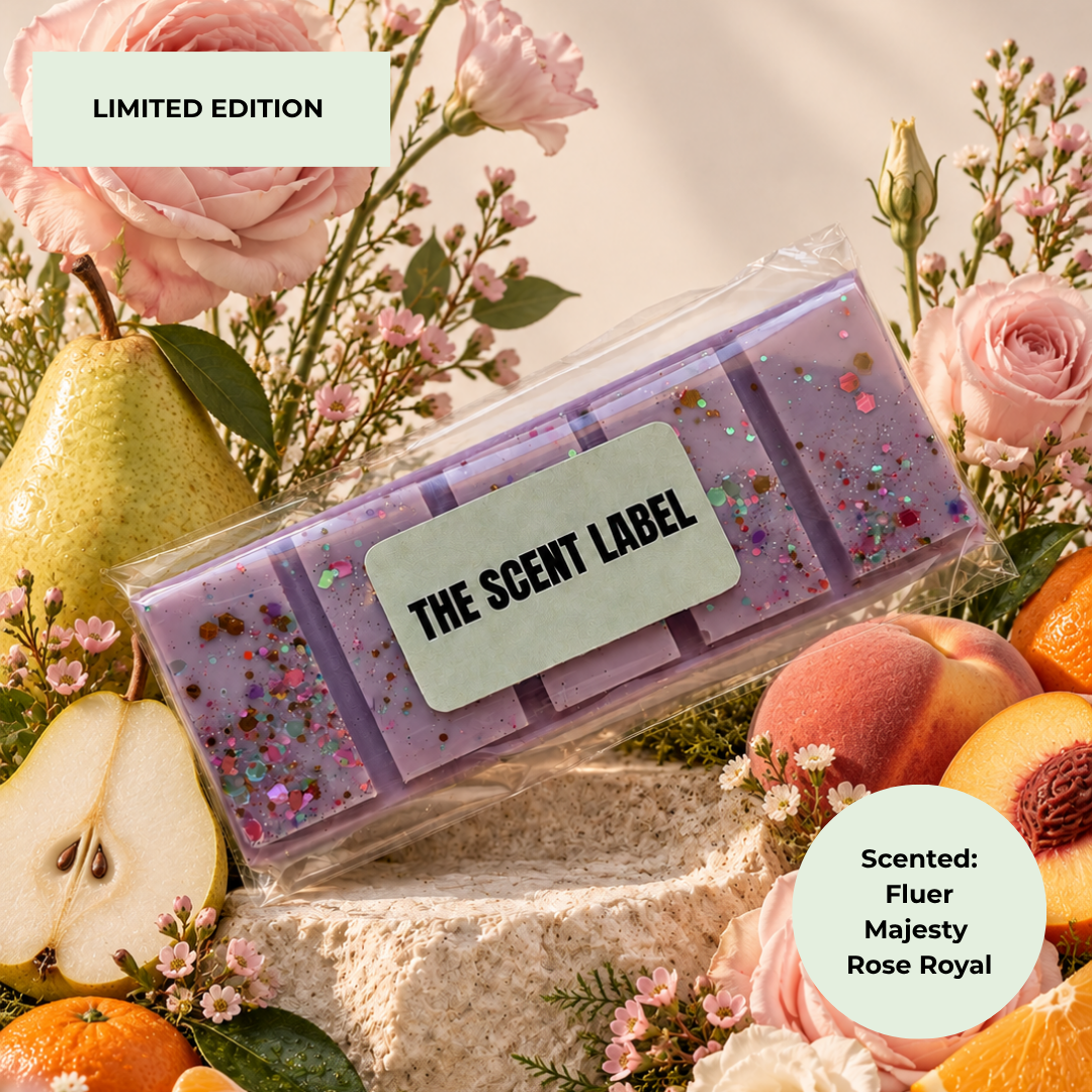 A clear plastic wrap package containing six lavender purple wax melts with pink and gold glitter, labeled 'THE SCENT LABEL'. The package is styled in a flat-lay arrangement with pink roses, a pear, peaches, and oranges on a textured stone background, with text overlays reading 'LIMITED EDITION' and 'Scented: Fluer, Majesty, Rose Royal'.