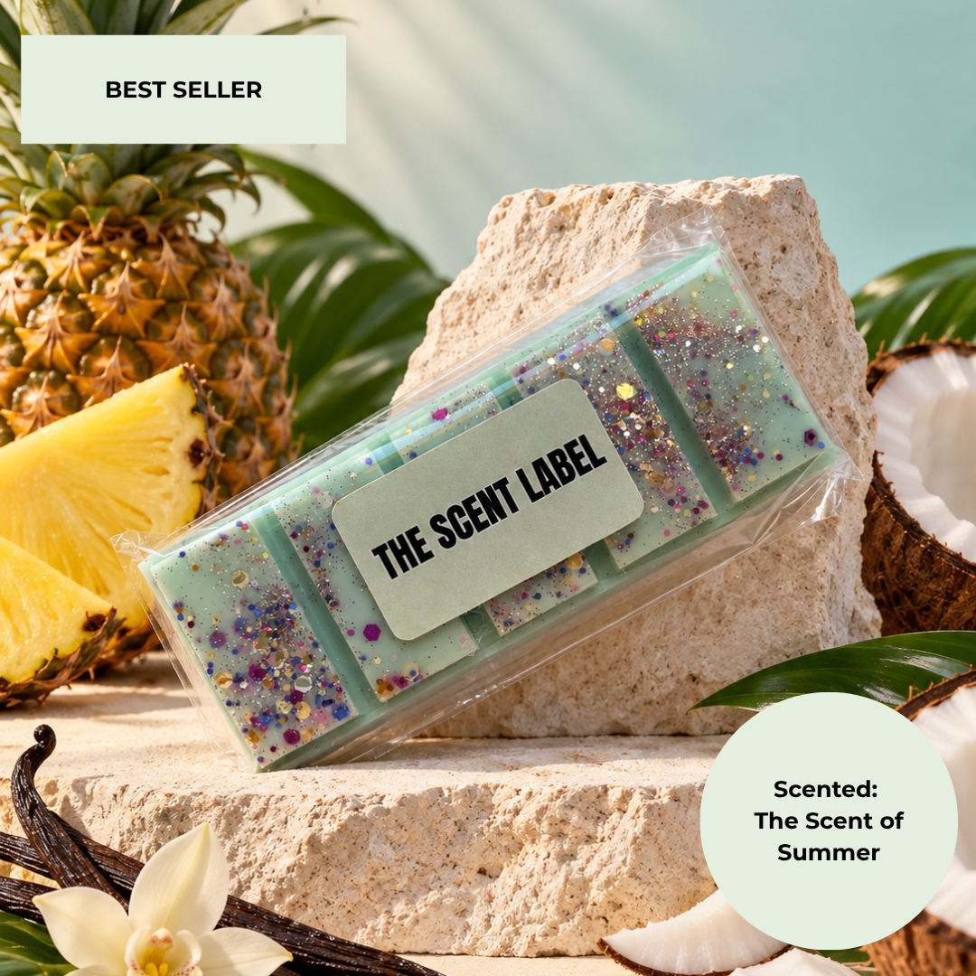 A packaged bar of soap or wax product labeled 'THE SCENT LABEL' rests on a stone pedestal with tropical props including pineapple, coconut, vanilla, and leaves. Text badges read 'BEST SELLER' and 'Scented: The Scent of Summer'.