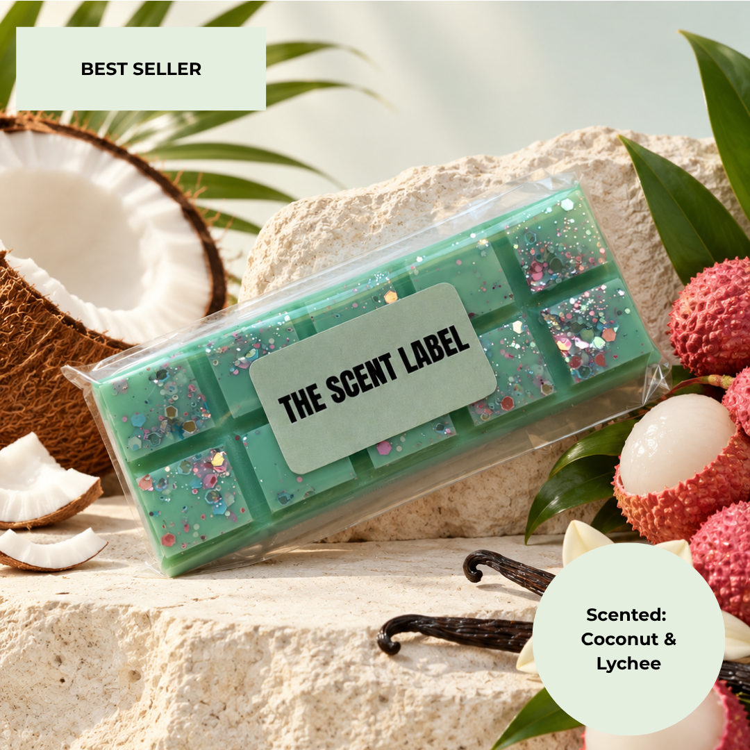 A clear plastic clamshell package of green rectangular wax melts or soap bars with glitter flakes, labeled 'THE SCENT LABEL,' styled on a stone surface with a halved coconut, lychees, vanilla beans, and tropical leaves. Text badges read 'BEST SELLER' and 'Scented: Coconut & Lychee.