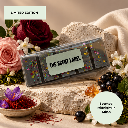 A clear rectangular box labeled 'THE SCENT LABEL' containing scented bars, styled on a stone slab with flowers, saffron, blackberries, and fabric. Text reads 'LIMITED EDITION' and 'Scented: Midnight in Milan'.