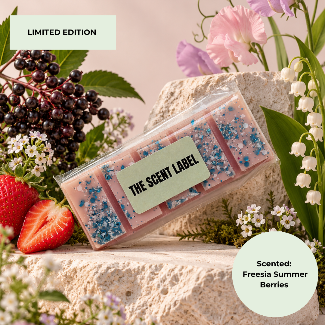A packaged wax melt or scented bar product labeled "THE SCENT LABEL" lies on a stone surface surrounded by berries, strawberries, lily of the valley, and pink flowers. Text reads "LIMITED EDITION" and "Scented: Freesia Summer Berries.