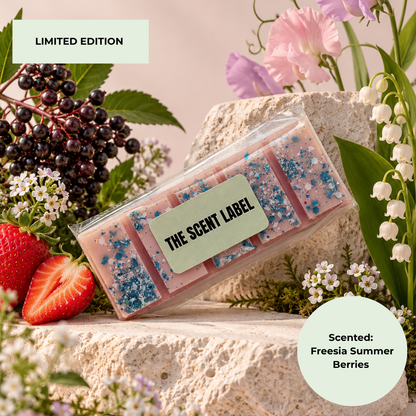 A packaged wax melt or scented bar product labeled "THE SCENT LABEL" lies on a stone surface surrounded by berries, strawberries, lily of the valley, and pink flowers. Text reads "LIMITED EDITION" and "Scented: Freesia Summer Berries.