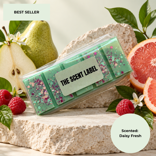 A clear plastic package of rectangular scented wax melts or soap bars with a white label reading 'THE SCENT LABEL' sits on a stone surface surrounded by fruit and leaves, including pears, raspberries, and grapefruit. A pale green badge says 'BEST SELLER' and another says 'Scented: Daisy Fresh'.