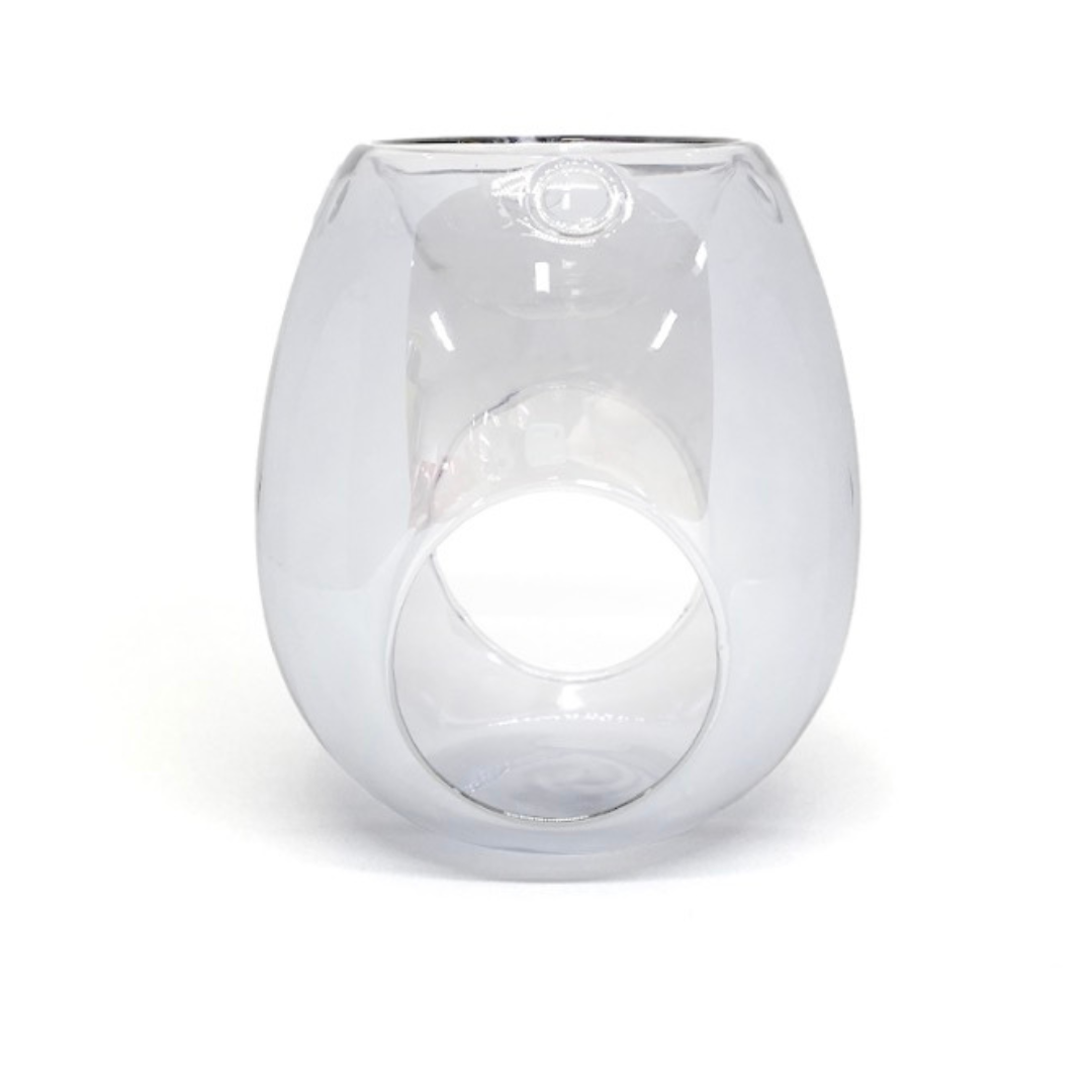 A clear glass vessel with a rounded, hourglass-like shape and a large circular cutout on the front, shown on a white background.